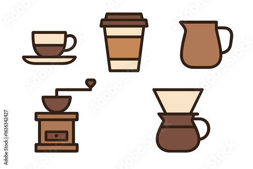 Detailed and artistic coffee preparation tools and beverages displayed on a clean background