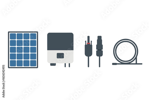 Solar equipment components arranged in neat order on a white background for renewable energy solutions