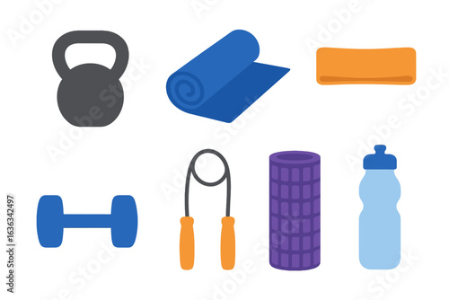 Fitness equipment including kettlebell, dumbbell, and yoga mat arranged neatly on a clean surface