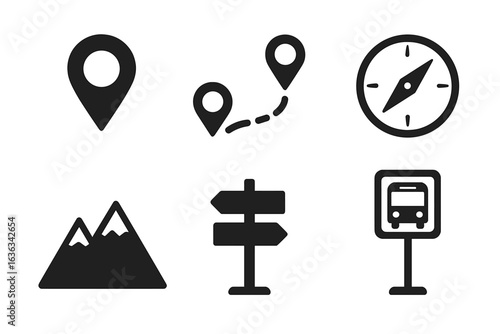 Navigation symbols showcasing travel and exploration elements for outdoor adventures in urban and natural settings