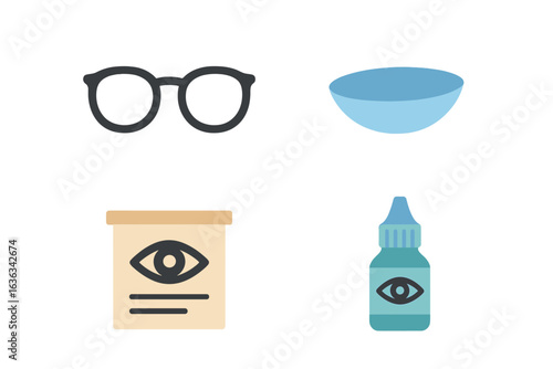 Items for eye care including glasses, contact lens case, solution bottle, and contact lens
