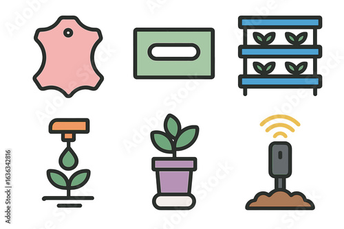 Collection of vector icons representing gardening, planting, and leather crafting in flat design style