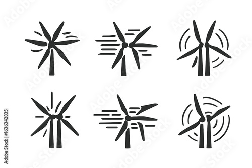 Wind turbines illustrated in various positions to depict movement and energy generation in renewable energy sources