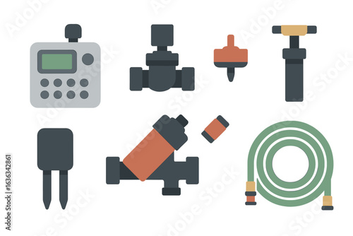 Collection of gardening tools and irrigation components on a white background for efficient water management