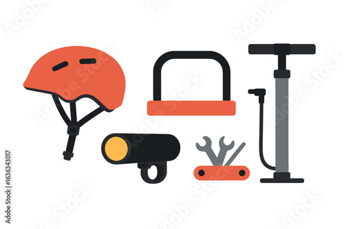 Bike safety gear and tools displayed including helmet, light, pump, and multi-tool for riders during daylight hours