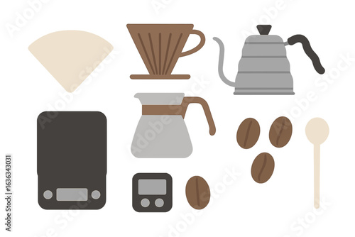 Coffee brewing essentials laid out on a countertop with various tools for a perfect cup