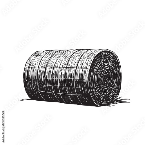 Detailed hand drawn illustration of a large cylindrical hay bale isolated on white