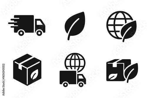 Delivery vehicles and eco-friendly symbols emphasize sustainability and transportation in logistics operations