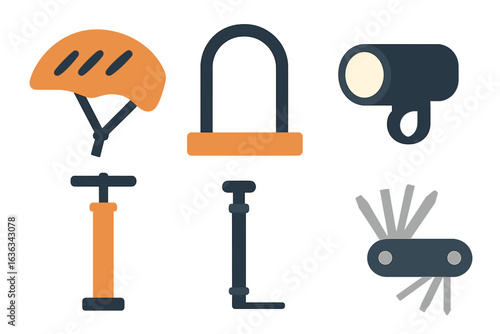 Set of cycling safety gear and tools displayed on a white background for cycling enthusiasts and adventure lovers
