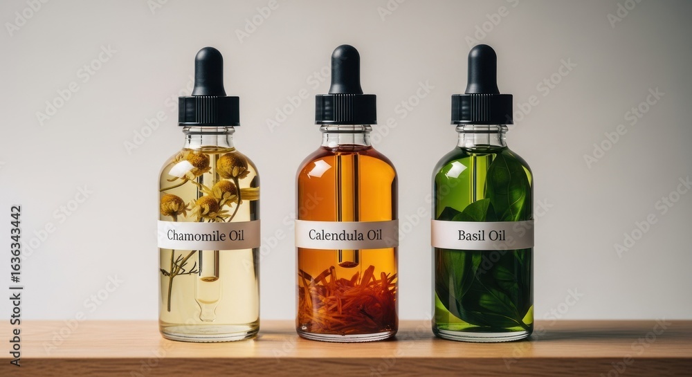 custom made wallpaper toronto digitalThree small bottles of essential oils, chamomile, calendula, and basil, on a light wooden surface