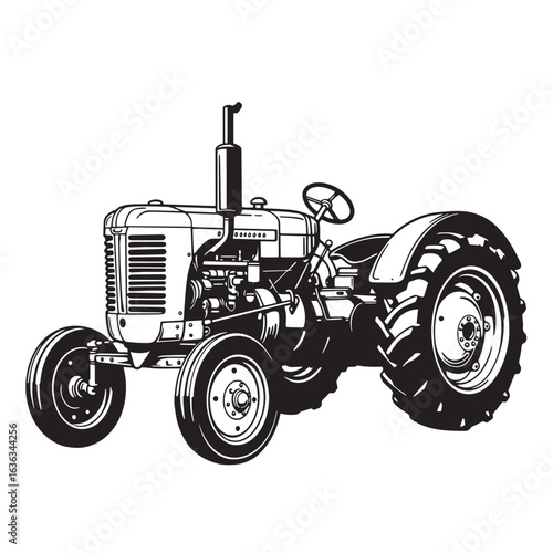 Detailed vector illustration of a vintage farm tractor in black and white isolated