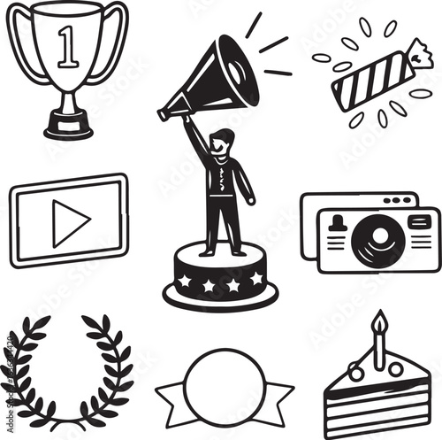 Collection of hand drawn doodle icons representing achievement success celebration and recognition with a trophy and megaphone