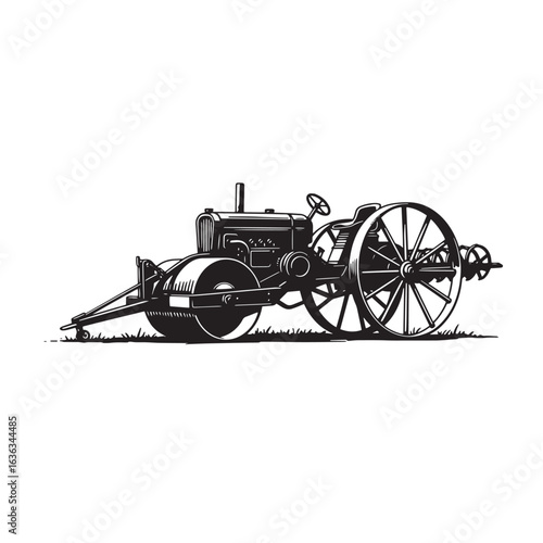 Detailed vintage steamroller illustration in black and white on green patch with grass