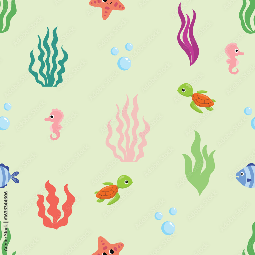 Naklejka premium Cute Underwater Seamless Pattern