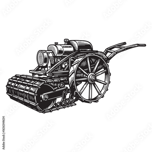 Detailed vintage illustration of a steam powered agricultural tractor machine