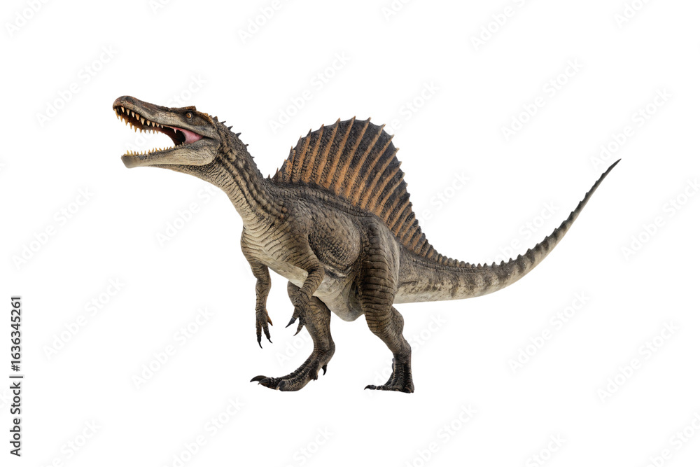 Fototapeta premium Spinosaurus dinosaur in side profile showing distinctive sail and reptilian features, isolated on a transparent background