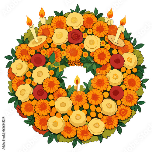 Memorial Wreath Vector with Chrysanthemums, Marigolds, and Candles for Remembrance