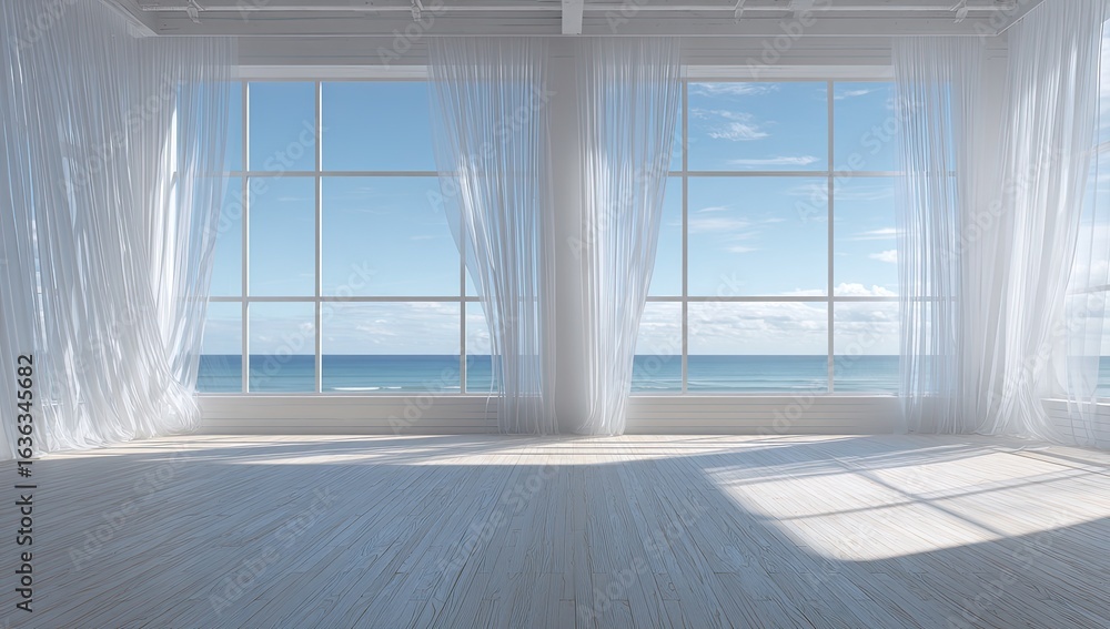 Fototapeta premium Empty room, ocean view, bright sunlight