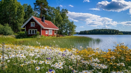 Lakeside Red Cottage in Summer Bloom.