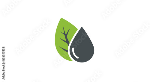 A green leaf symbol is paired with a dark gray droplet symbol representing natural resources and sustainability concepts