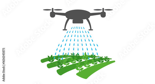 Modern agriculture drone spraying water onto young green plants growing in neat rows on fields representing smart farming technology and crop care
