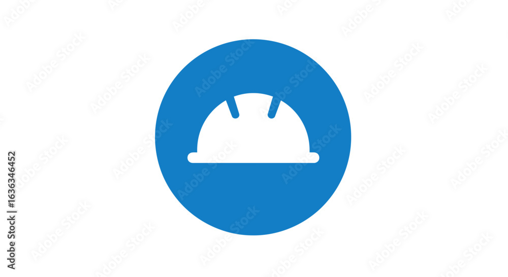Fototapeta premium A simple white hard hat icon inside a blue circle on a white background representing safety and construction industry