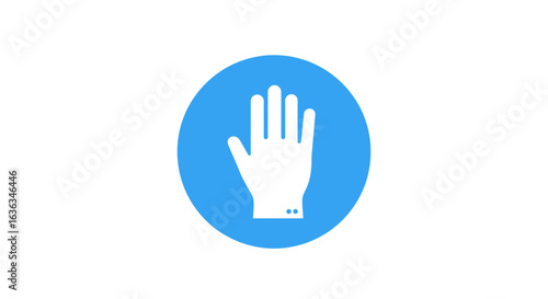 A simple clean graphic icon of a white hand with fingers spread in a stop gesture enclosed within a bright blue circle against a white background