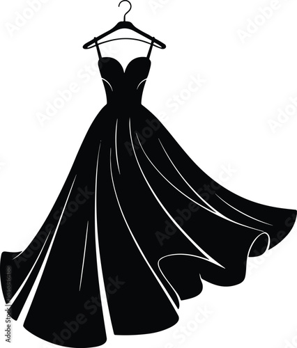 Elegant black silhouette of long layered dress on hanger, fashion concept with sweetheart neckline, flowing skirt, minimalist illustration