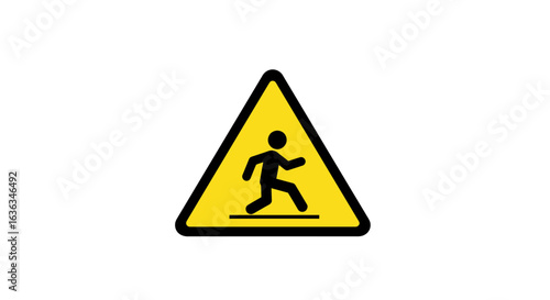 A yellow triangular warning sign with a black border and a black silhouette of a person running across a horizontal line indicating a hazard or danger