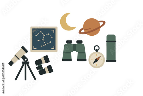Astronomy tools and equipment for stargazing and celestial observation activities in a cozy outdoor setting