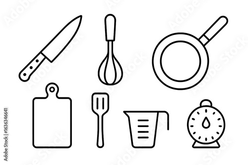 Essential kitchen tools include knife, whisk, measuring cup and spatula for cooking and baking tasks at home or in professional kitchens