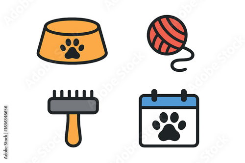 Essential pet care items including a food bowl, yarn, grooming tool, and a calendar for pet owners