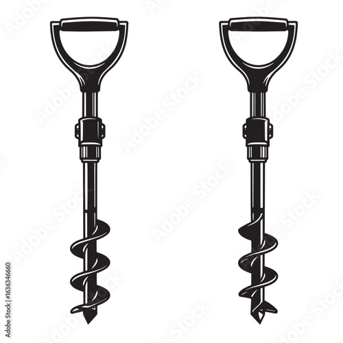 Illustrated black and white vintage style auger hand tools for digging and construction