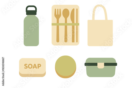 Essentials for a sustainable picnic featuring utensils, reusable bag, and personal care items
