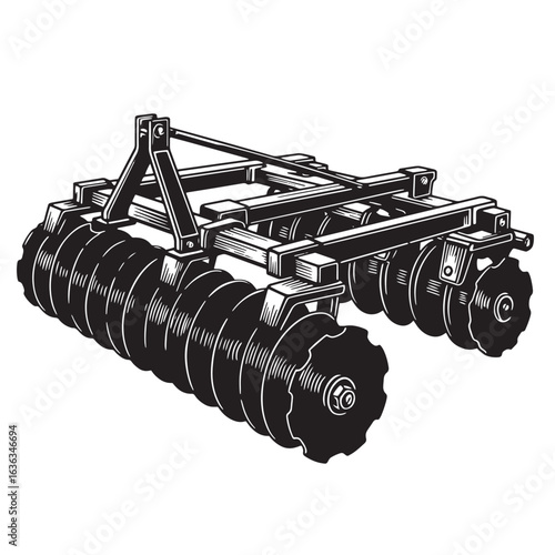 Illustration of a disc harrow agricultural farming equipment in detailed black and white