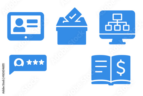 Digital icons representing voting, finance, feedback, and technology in a modern context