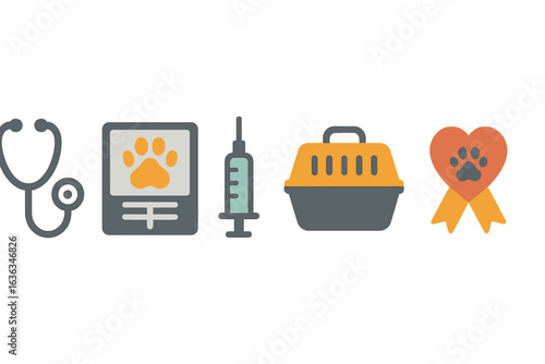 Veterinary care essentials featuring medical tools, pet carriers, and symbols of animal welfare