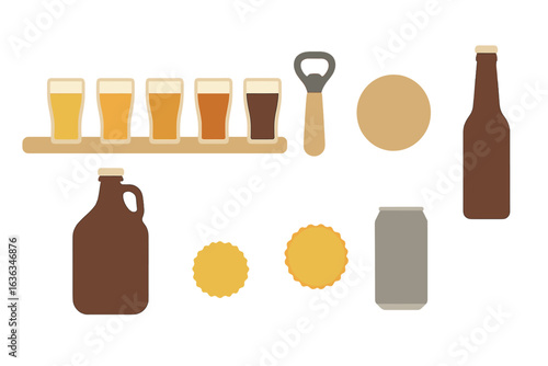 Craft beers displayed on a wooden flight board with bottles and accessories arranged artistically