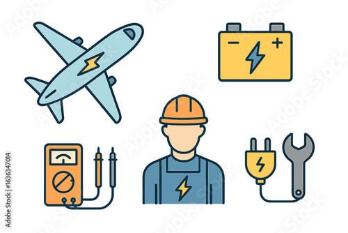 Electrician performing maintenance on aircraft systems with tools and equipment in a workshop setting