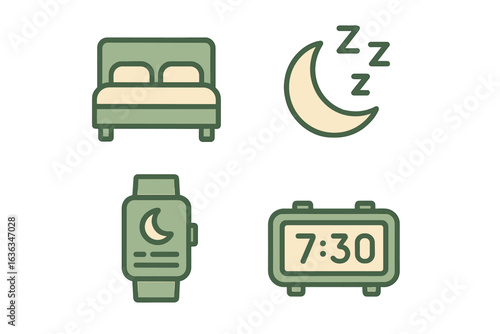 Illustrations of sleep concepts featuring a bed, moon, smartwatch, and alarm clock for wellness awareness