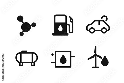 Energy resources and their applications in transportation and industry are represented through various icons and symbols