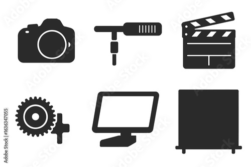 Collection of media production icons representing photography, film, and editing equipment for creative work