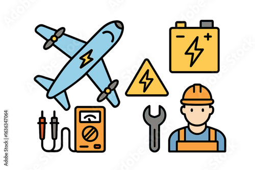 Electricity and aviation maintenance illustrated with tools, equipment, and a skilled technician at work
