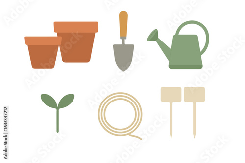 Gardening tools and supplies including pots, trowel, watering can, seedlings, string, and plant markers set against a white background