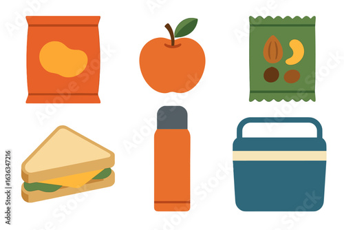 Colorful lunch items arranged on a white background showcasing healthy snacks and refreshments for a midday meal