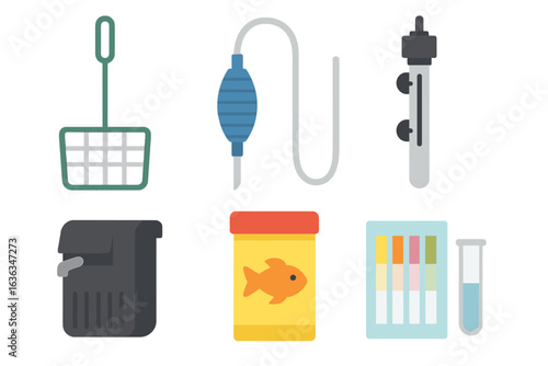 Essential aquarium equipment for maintaining a healthy fish environment includes testing and feeding tools in various colors