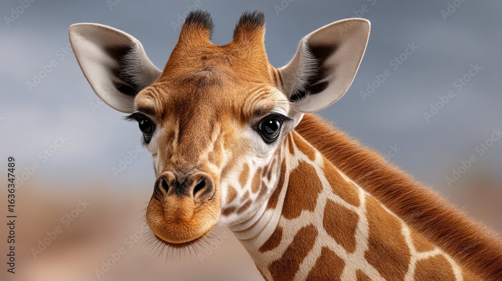 Fototapeta premium Charming Giraffe Portrait in Natural Habitat Wildlife Photography Soft Color Palette Close-Up View
