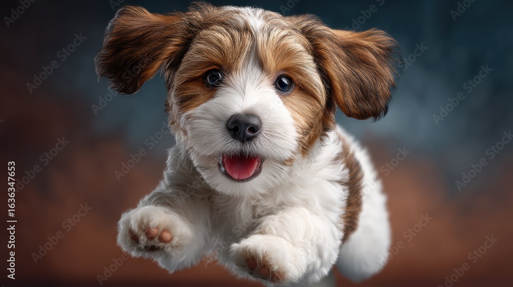 Fototapeta premium Playful Puppy Jumping with Joy Outdoor Park High-Quality Photo Bright Day Close-up Adorable Pet Moments