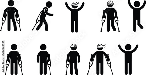 Stick figure injury icons, crutches and bandages, black and white medical symbols, rehabilitation, recovery, healthcare, pain