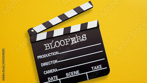 Bloopers are shown using the text on the open film slate as outtakes mistakes wrong flubs